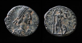 Honorius (393-423), AE4, issued 404-408. Rome, third officina, 2.11g, 14mm. Scarce.
Obv: DN HONORIVS PF AVG; pearl-diademed, draped, cuirassed bust ri...
