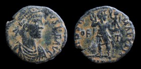 Honorius or Arcadius (393-423), AE4, issued 404-408. Rome, third officina, 2.01g, 16mm. Scarce.
Obv: [DN …..]IVS PF AVG; pearl-diademed, draped, cuira...