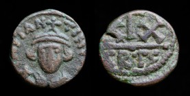 Constans II (641-668), AE Half Follis, issued 642-647. Carthage, 5.02g, 18mm.
Obv: DN CONSTANTN; Crowned bust facing, holding globus cruciger.
Rev: La...