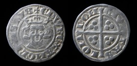 Edward I (1272-1307), AR penny, class 1c, struck 1279. London mint, 1.45g, 18mm.
Obv: EDW REX ANGL DNS HYB, crowned bust fcg.
Rev: CIVITAS LONDON divi...