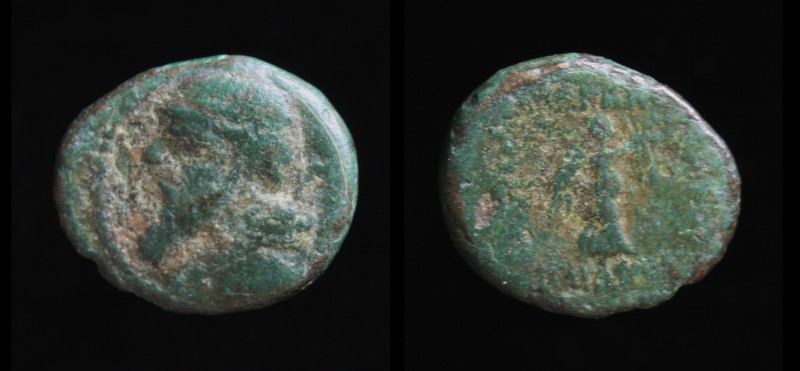 Parthia, Mithradates II (123-88 BCE), AE Hemichalkon. Ecbatana,1.07g, 11.7mm.
Ob...