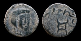 CHACH: Nirt (7th-8th c.), AE16. 1.59g, 16mm. Rare.
Obv: Three quarters facing bust of ruler.
Rev: Tamgha surrounded by Sogdian legend.
The tamgha rese...