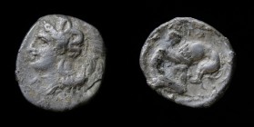 CALABRIA, Tarentum, circa 380-334 BCE,AR Diobol. 1.06g, 12.9mm. 
Obv: Head of Athena left, wearing helmet decorated with hippocamp. 
Rev: TAP above, H...