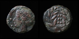 SICILY, Himera, c. 415-409 BCE, AE Hemilitron. 2.95g, 15.2mm. 
Obv: Head of nymph left, wearing sphendone; 6 pellets (mark of value) to left. 
Rev: 6 ...