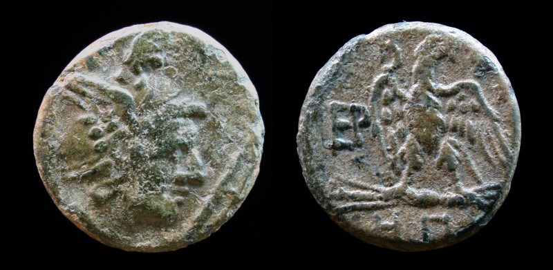 KINGS OF MACEDON, Perseus (179-168 BCE), AE19. 5.3g, 18.8mm.
Obv: Helmeted head ...