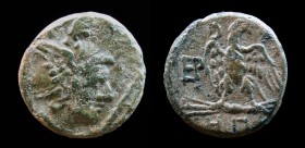 KINGS OF MACEDON, Perseus (179-168 BCE), AE19. 5.3g, 18.8mm.
Obv: Helmeted head of Perseus right; harpa to the right. 
Rev: B-A, Eagle standing left o...
