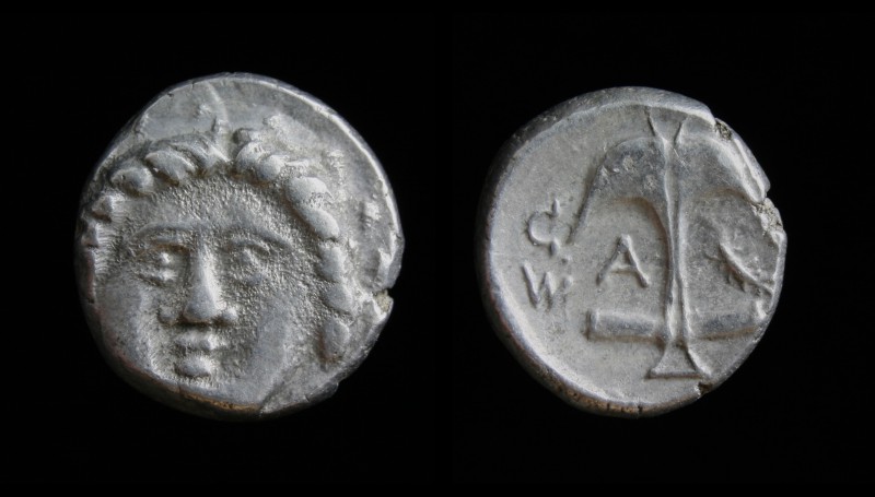 THRACE, Apollonia Pontika, late 4th c. BCE, ΑR Diobol, So-, magistrate. 1.25g, 1...