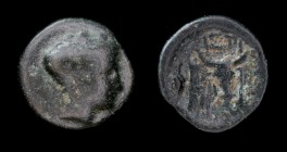 EUBOIA, Histiaea, 4th-3rd c. BCE, AE15. 2.43g, 16.5mm. 
Obv: Head of a Maenad right. 
Rev: IΣTI, head of bull right; grape bunch to left.
BCD Euoboia ...