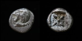 IONIA, Miletos, Late 6th Century BCE, AR Diobol (1/12 Stater). 1.18g, 10mm.
Obv: Forepart of roaring lion protome (front half) facing right, head reve...