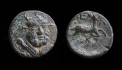 PISIDIA, Selge, 2nd - 1st c. BCE, AE13. 1.89g, 13.4mm.
Obv: Three-quarter facing head of Herakles wreathed with styrax, head turned slightly right, li...