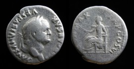 Vespasian (69-79), Denarius, issued 75. Rome, 3.25g, 18.7mm.
Obv: IMP CAESAR VESPASIANVS AVG, laureate head right. 
Rev: PON MAX TR P COS VI, Pax seat...