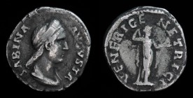 Sabina (128-137), AR Denarius, issued 128-136 AD. Rome, 2.90g, 19mm.
Obv: SABINA AVGVSTA; Diademed and draped bust right; hair is knotted in back and ...