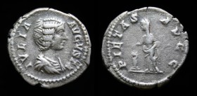 Julia Domna (193-211), AR denarius. Rome, 3.35g, 19mm.
Obv: IVLIA AVGVSTA; draped bust right
Rev: PIETAS AVGG; Pietas stg. l., veiled, sacrificing
Bea...