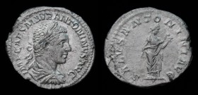 Elagabalus (218-222 AD), AR Denarius. Rome, 2.37g, 19.5mm.
Obv: IMP CAES ANTONINVS AVG, laureate and draped bust right, seen from behind.
Rev: SALVS A...