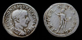 Gordian III (238-244), AR Denarius, issued 240. Rome, 2.78g, 19mm.
Obv: IMP GORDIANVS PIVS FEL AVG; laureate bust right.
Rev: AETERNITATI AVG, Sol stg...