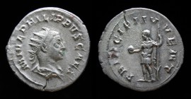 Philip II, as Caesar (244-247), AR antoninianus, issued 246. Rome, 3.85g, 23mm. 
M IVL PHILIPPVS CAES, radiate and draped bust of Philip II right.
PRI...