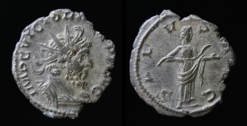 Victorinus (269-271), AE antoninianus, issued 269-70. Cologne, 2.37g, 20mm. 
Obv: IMP C VICTORINVS P F AVG, radiate and cuirassed bust right.
Rev: SAL...