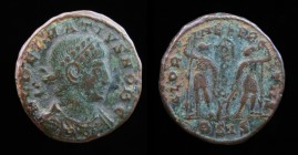 Delmatius, Caesar (335-337), AE4. Siscia, 1.91g, 16.5mm. 
Obv: FL DELMATIVS NOB C, laureate draped and cuirassed bust right. 
Rev: GLOR-IA EXERC-ITVS,...