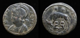 Roma Commemorative, 330-331, AE3. Trier, 2.41g, 18.1mm. 
Obv: VRBS-ROMA, bust of Roma wearing helmet with plume and imperial mantle, left. 
Rev: She-w...