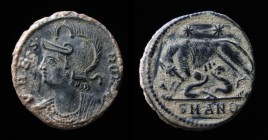Rome Commemorative, AE3, issued 335-337. Antioch, 2.55g.
Obv: VRBS ROMA; helmeted head of Roma left, wearing imperial mantle and ornamental necklace.
...