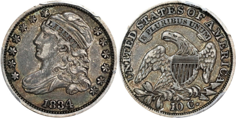 1834 Capped Bust Dime. JR-1. Rarity-1. Large 4. EF-40 (PCGS).

PCGS# 38873. NG...