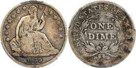 1839-O Liberty Seated Dime. No Drapery. Fortin-106. Rarity-3. Large O. Fine-12 (PCGS).

PCGS# 4572. NGC ID: 237Y.