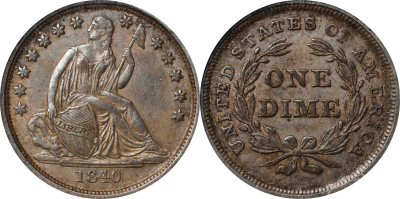 1840 Liberty Seated Dime. No Drapery. Fortin-103. Rarity-3. Chin Whiskers. AU-53...