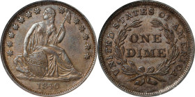 1840 Liberty Seated Dime. No Drapery. Fortin-103. Rarity-3. Chin Whiskers. AU-53 (ANACS). OH.

PCGS# 4573. NGC ID: 237Z.