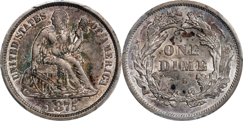 1875-S Liberty Seated Dime. Mintmark Above Bow. AU-58 (PCGS).

PCGS# 4677. NGC...