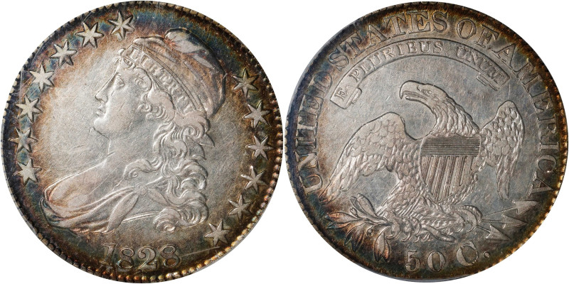 1828 Capped Bust Half Dollar. O-117. Rarity-1. Die State 117.1. Square Base 2, S...