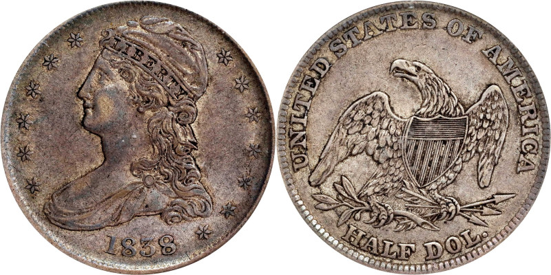 1838 Capped Bust Half Dollar. Reeded Edge. HALF DOL. GR-13. Rarity-1. EF-45 (PCG...