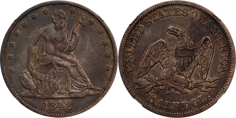 1842 Liberty Seated Half Dollar. WB-14. Rarity-3. Medium Date. Repunched Date, M...