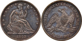 1843 Liberty Seated Half Dollar. WB-17. Rarity-3. Repunched Date. EF-45 (PCGS).

PCGS# 6243. NGC ID: 24GX.