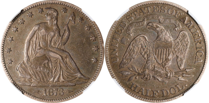 1873 Liberty Seated Half Dollar. Arrows. WB-108. Small Arrows, Repunched Date. E...
