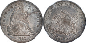 1843 Liberty Seated Silver Dollar. OC-1. Rarity-1. AU-55 (NGC).

PCGS# 6929. NGC ID: 24YD.