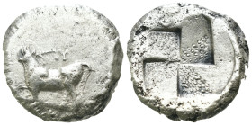 Bithynia. Kalchedon. (367-340 BC) AR Tetradrachm. Obv: KAΛΧ. bull standing left on grain ear; in lower left field, monogram. Rev: Quadripartite incuse...