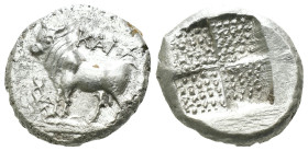 Bithynia. Kalchedon. (367-340 BC) AR Drachm. Obv: KAΛΧ. bull standing left on grain ear; in lower left field, monogram. Rev: Quadripartite incuse squa...