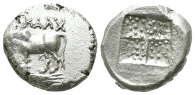 Bithynia. Kalchedon. (367-340 BC) AR Drachm. Obv: KAΛΧ. bull standing left on grain ear; in lower left field, monogram. Rev: Quadripartite incuse squa...