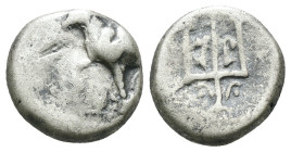 Thrace. Byzantion. (387-340 BC) AR Hemidrachm. Obv: Forepart of bull left over dolphin; monogram in left country, ΠΑ above. Rev: trident. Weight 1.83 ...