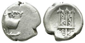 Thrace. Byzantion. (387-340 BC) AR Hemidrachm. Obv: Forepart of bull left over dolphin; monogram in left country, ΠΑ above. Rev: trident. Weight 1.81 ...