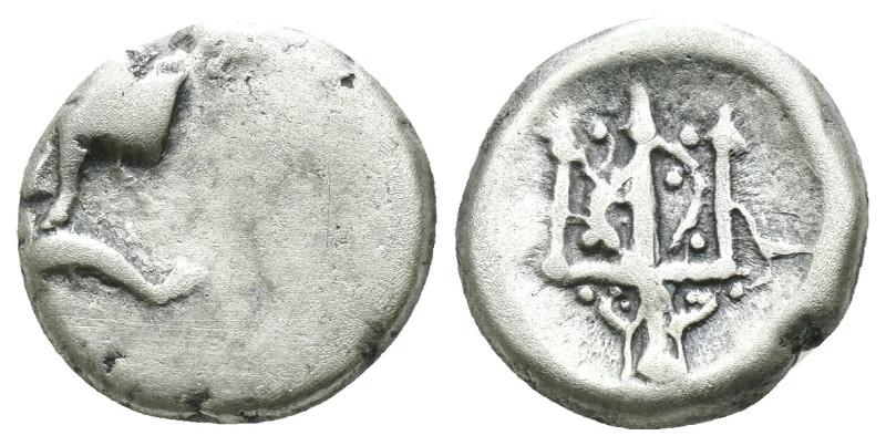 Thrace. Byzantion. (387-340 BC) AR Hemidrachm. Obv: Forepart of bull left over d...