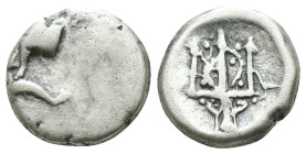 Thrace. Byzantion. (387-340 BC) AR Hemidrachm. Obv: Forepart of bull left over dolphin; monogram in left country, ΠΑ above. Rev: trident. Weight 1.77 ...