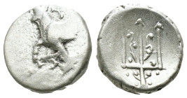 Thrace. Byzantion. (387-340 BC) AR Hemidrachm. Obv: Forepart of bull left over dolphin; monogram in left country, ΠΑ above. Rev: trident. Weight 1.86 ...