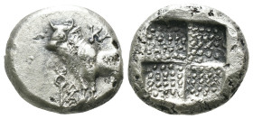 Bithynia. Kalchedon. (367-340 BC) AR Drachm. Obv: KAΛΧ. bull standing left on grain ear; in lower left field, monogram. Rev: Quadripartite incuse squa...