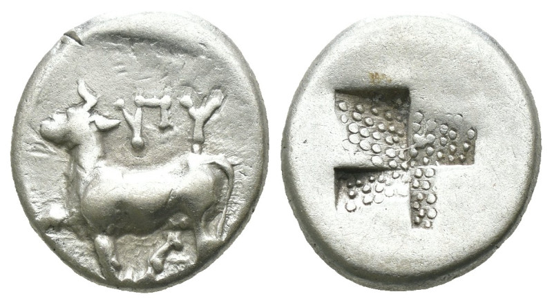 Thrace. Byzantion. (387-340 BC) AR Hemidrachm. Obv: Forepart of bull left over d...