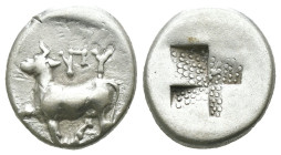 Thrace. Byzantion. (387-340 BC) AR Hemidrachm. Obv: Forepart of bull left over dolphin; monogram in left country, ΠΑ above. Rev: trident. Weight 2.48 ...