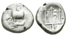 Thrace. Byzantion. (387-340 BC) AR Hemidrachm. Obv: Forepart of bull left over dolphin; monogram in left country, ΠΑ above. Rev: trident. Weight 1.83 ...