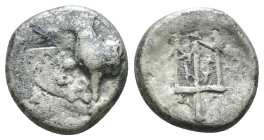 Thrace. Byzantion. (387-340 BC) AR Hemidrachm. Obv: Forepart of bull left over dolphin; monogram in left country, ΠΑ above. Rev: trident. Weight 1.85 ...