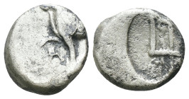 Thrace. Byzantion. (387-340 BC) AR Hemidrachm. Obv: Forepart of bull left over dolphin; monogram in left country, ΠΑ above. Rev: trident. Weight 1.79 ...