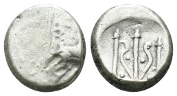 Thrace. Byzantion. (387-340 BC) AR Hemidrachm. Obv: Forepart of bull left over dolphin; monogram in left country, ΠΑ above. Rev: trident. Weight 1.71 ...